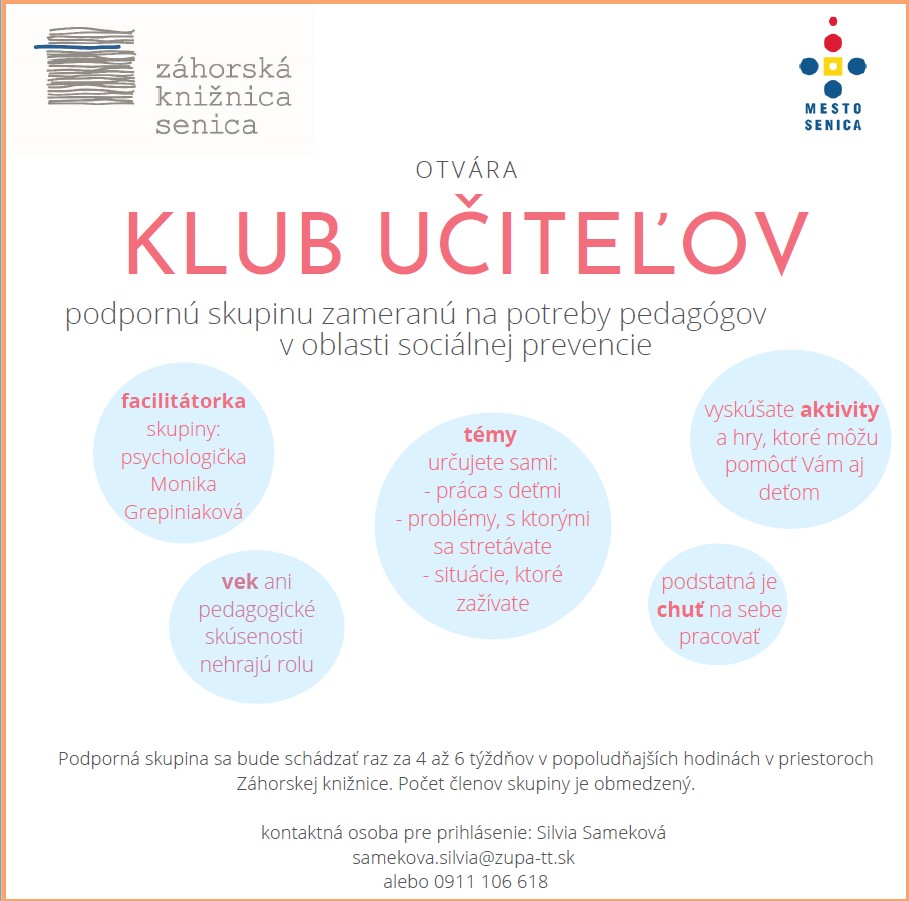 AKTUALIZOVANÉ - Skupina je obsadená! Pre pedagógov, ktorí chcú na sebe pracovať, otvárame Klub učiteľov